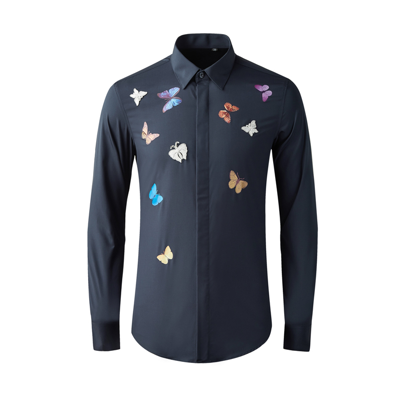 Papillon coloré imprimé chemise hommes à manches longues mince affaires hommes robe chemises élégante broderie coton Camisas taille M-4XL
