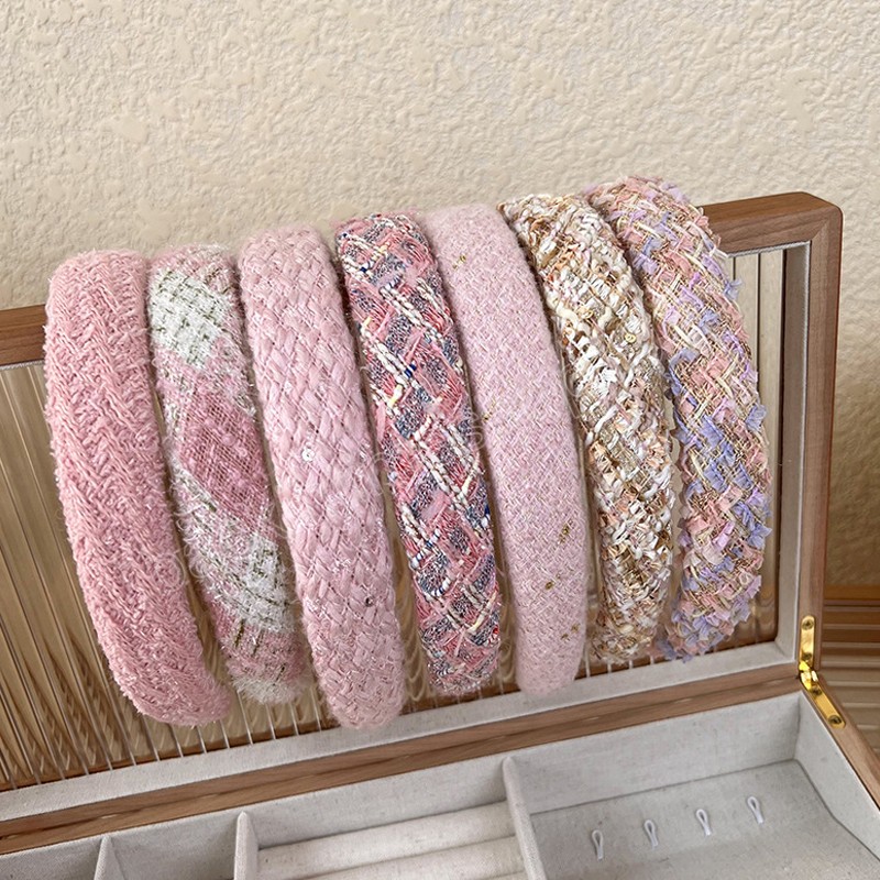Pink Series Sponge Headband Tweed Braided Hair Accessories Knitted Weaving Plaid Striped Head Hoop Handmade Casual Hairbands