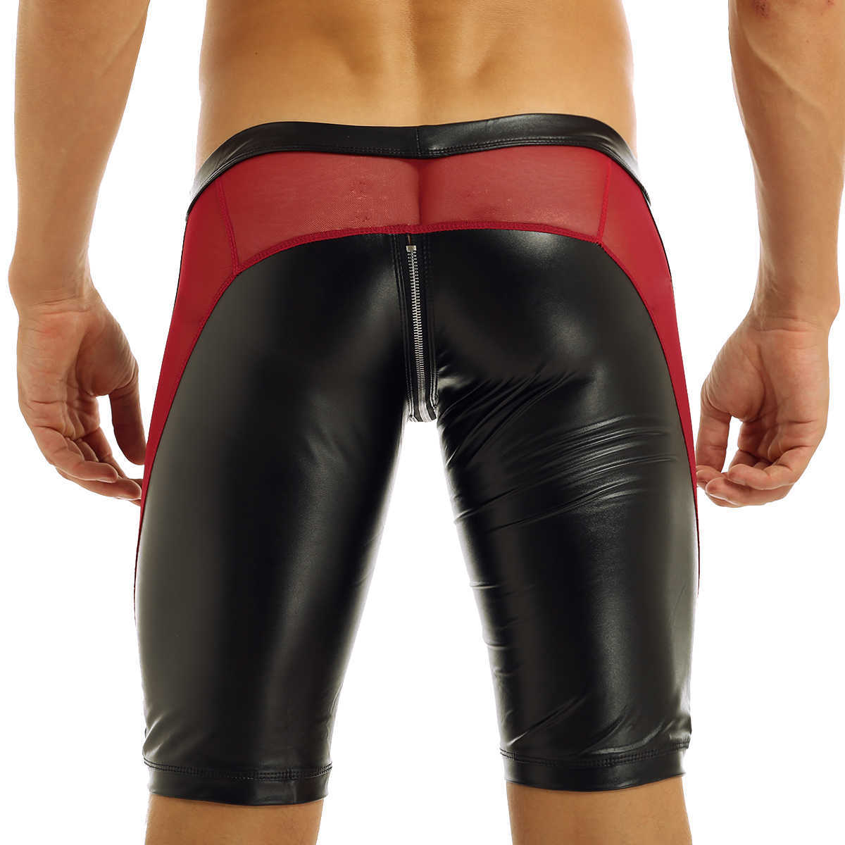 Men's Shorts Black Punk Sexy Clubwear Mens Soft Faux Leather Zipper Crotch Mesh Splice Jockstraps Pouch Low Rise Slim Fit Tight Boxer Shorts W0327