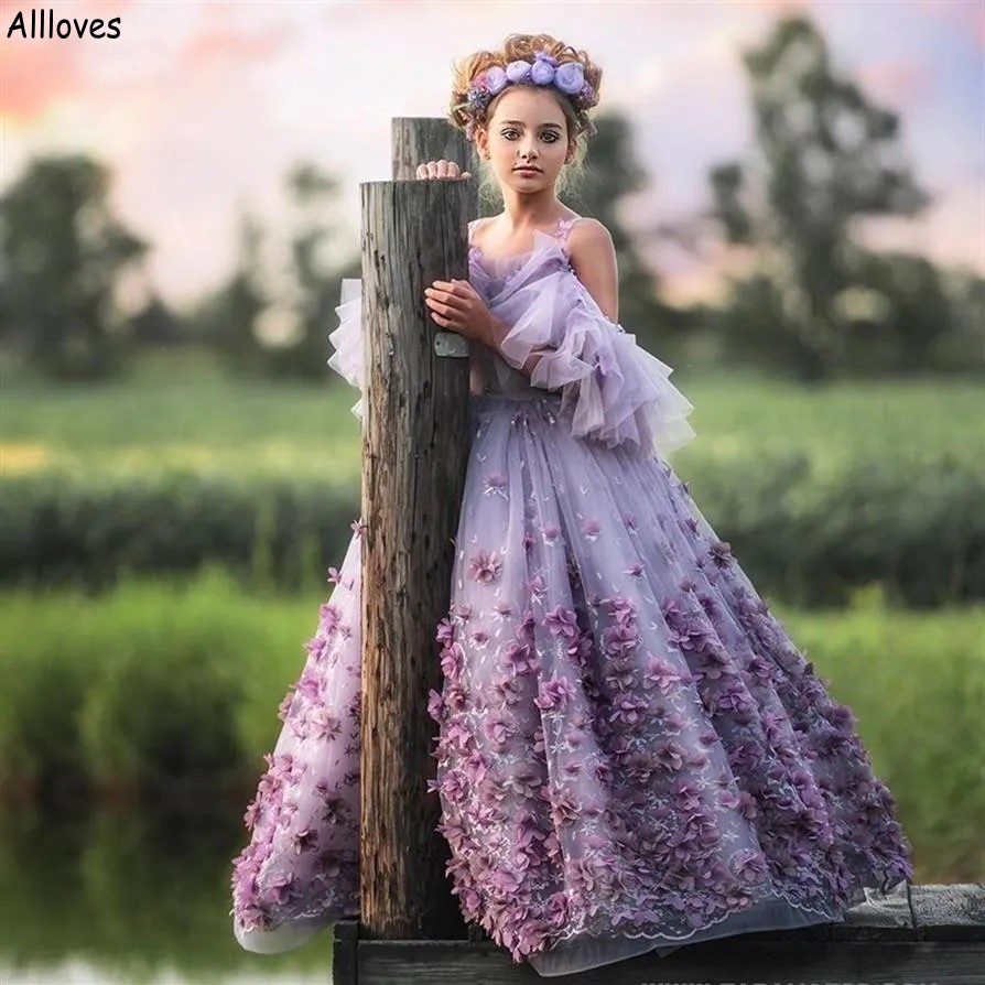 Lavendel tule bloemenmeisjes jurken voor bruiloft met banden ruches handgemaakte bloemen baby kinderen eerste commnion feestjurken toddlder een lijn lange formele jurk cl2089