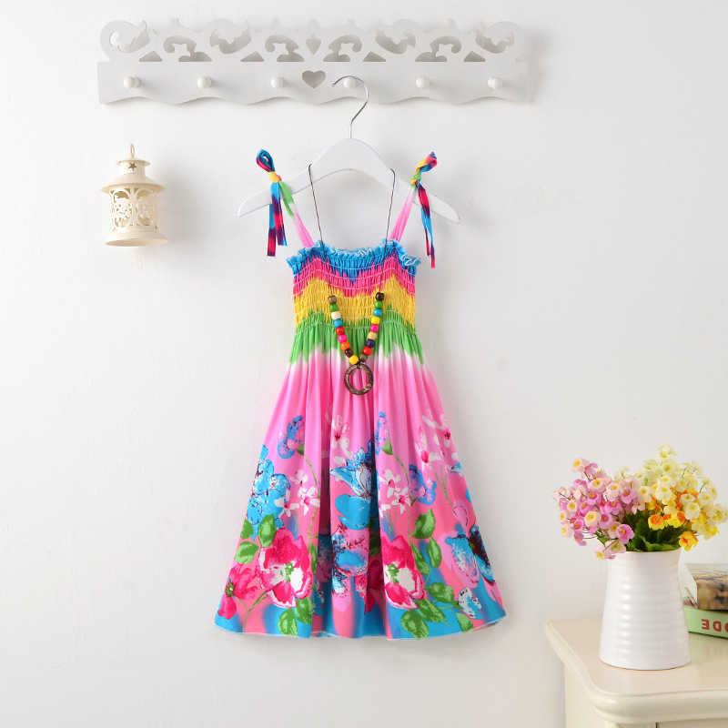 Flickans klänningar Sommarflickor Floral Dress Sling Ruffles Bohemian Beach Princess Dresses For Girl Clothing 2 6 8 12 år med halsbandsgåva