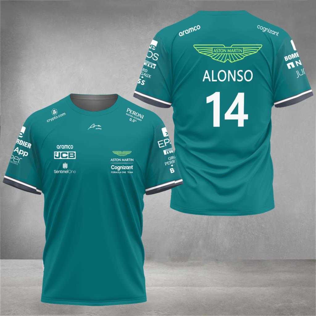T-shirt DIY 2023 Novos homens Moda Aston Martin F1 camisetas de corrida espanhola Fernando Alonso 14 e Stroll 18 Y2303 de grandes dimensões