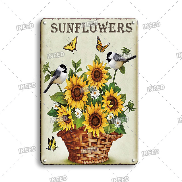 Retro Flower Art Painting Metal Sign Poster Vintage Metal Plaque Sunflower Poster Plates For Garden Bar Living Room Wall Decor Plate 30X20cm W03