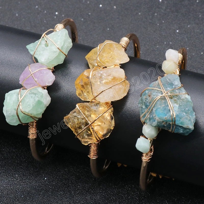 Wire Wrapped Natural Quartz Stone Bracelet for Women Jewelry Ore Rock Fluorite Blue Apatite Citrines Crystal Cuff Open Bangles