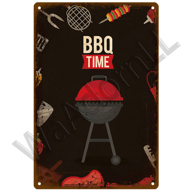 Vintage BBQ Party Time Metal målning Plack Retro Art Målning Tennskylt Vägg för trädgård Kök hem vardagsrumsdekor tallrik 30x20 cm W03