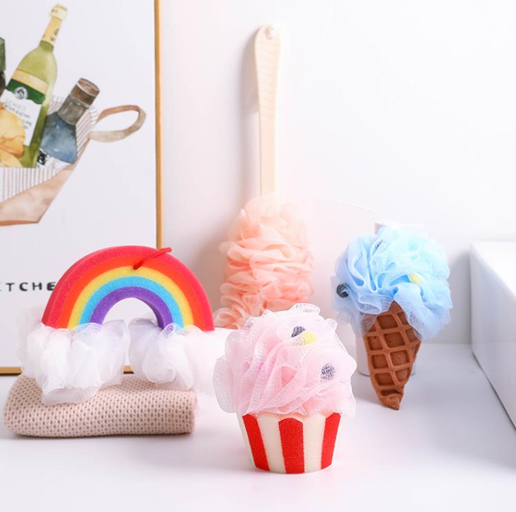 Bath Brushes Sponges Scrubbers Ice Cream Rainbow Cartoon Ball New Creative Sponge Cone Bathball Flower SN730