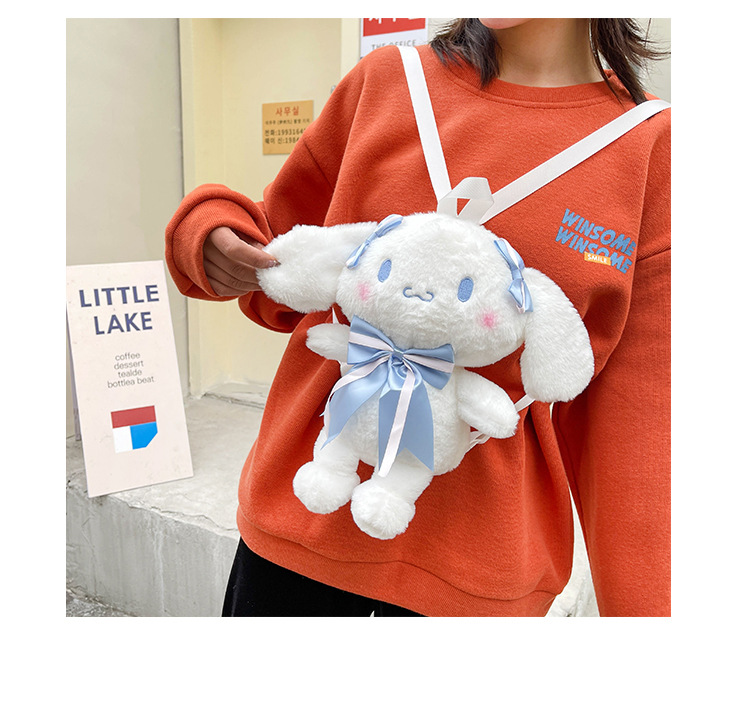 Kawaii bleu blanc grande oreille en peluche sac à dos avec nœud fille mignon doux accessoires sac à fermeture éclair filles cadeau d'anniversaire