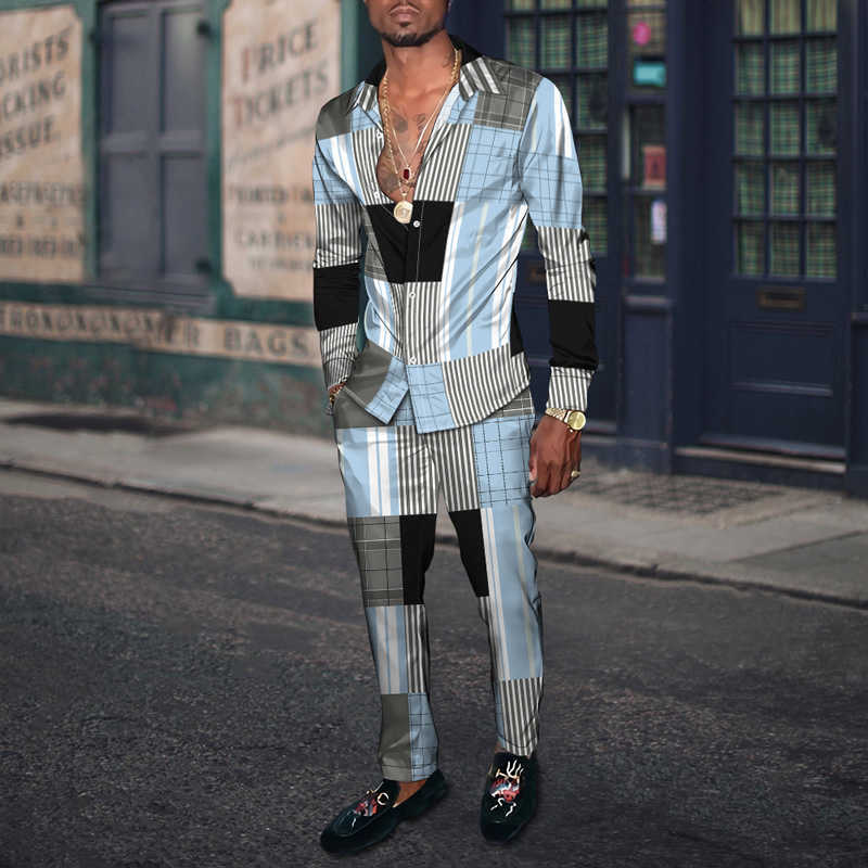 Men's Tracksuits New Spring Gentleman Shirt Trousers Checkered Fashion Brand 3D Men Suit Jacket Cardigan Pants Set European Size Man's Outfit W0328