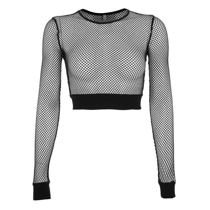 Kadın T-Shirt Kadın Seksi Fishnet kolları görüyor Üst siyah mesh o boyun yataklı Camisole Avrupa ve Amerika Bayanlar Uzun Kollu T-Shirt P230328