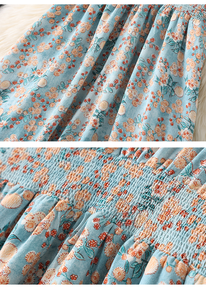 2023 Zomerblauwe bloemenprint panelen Chiffon-jurk korte mouw v-neck gegolfde midi casual jurken m3m25b766