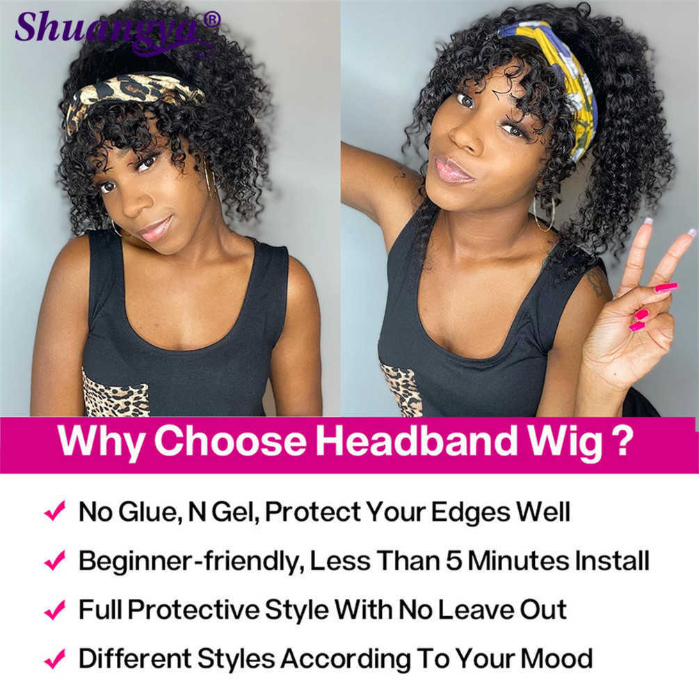 Syntetyczne peruki Kinky Curly Headband Peruka 100% ludzkie włosy krótkie afro 200 gęstość głębokiej fali szalika indyjska woda S 230227