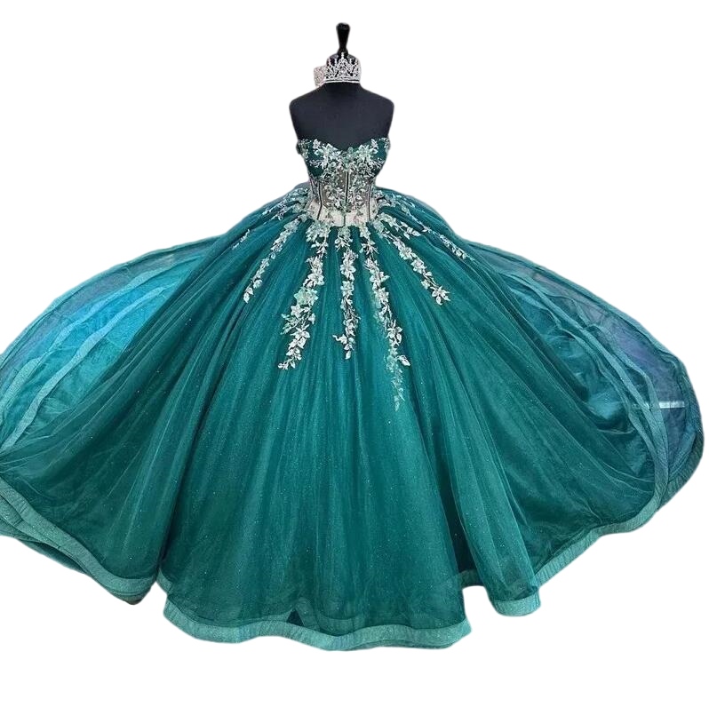 Hunter verde princesa quinceanera vestidos com flores apliques rendas contas cristais doce 16 vestido de 15 anos