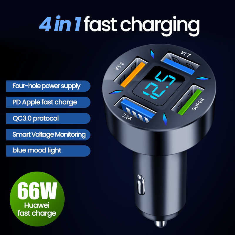 2024 66W 4 In 1 LED Car Charger PD Fast Charging Type-C Voltmeter Cigarette Lighter For Mobile Phone