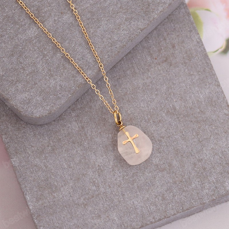 Simple Nature Stone Water Drop Pendant Stainless Steel Cross Clavicle Chain Collars Necklaces For Women Men Jewelry Gifts