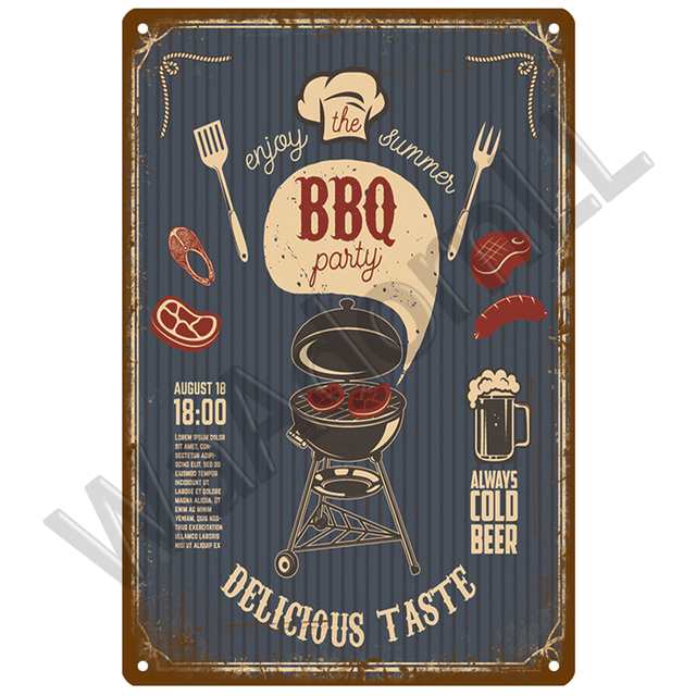 Vintage BBQ Party Time Metal målning Plack Retro Art Målning Tennskylt Vägg för trädgård Kök hem vardagsrumsdekor tallrik 30x20 cm W03