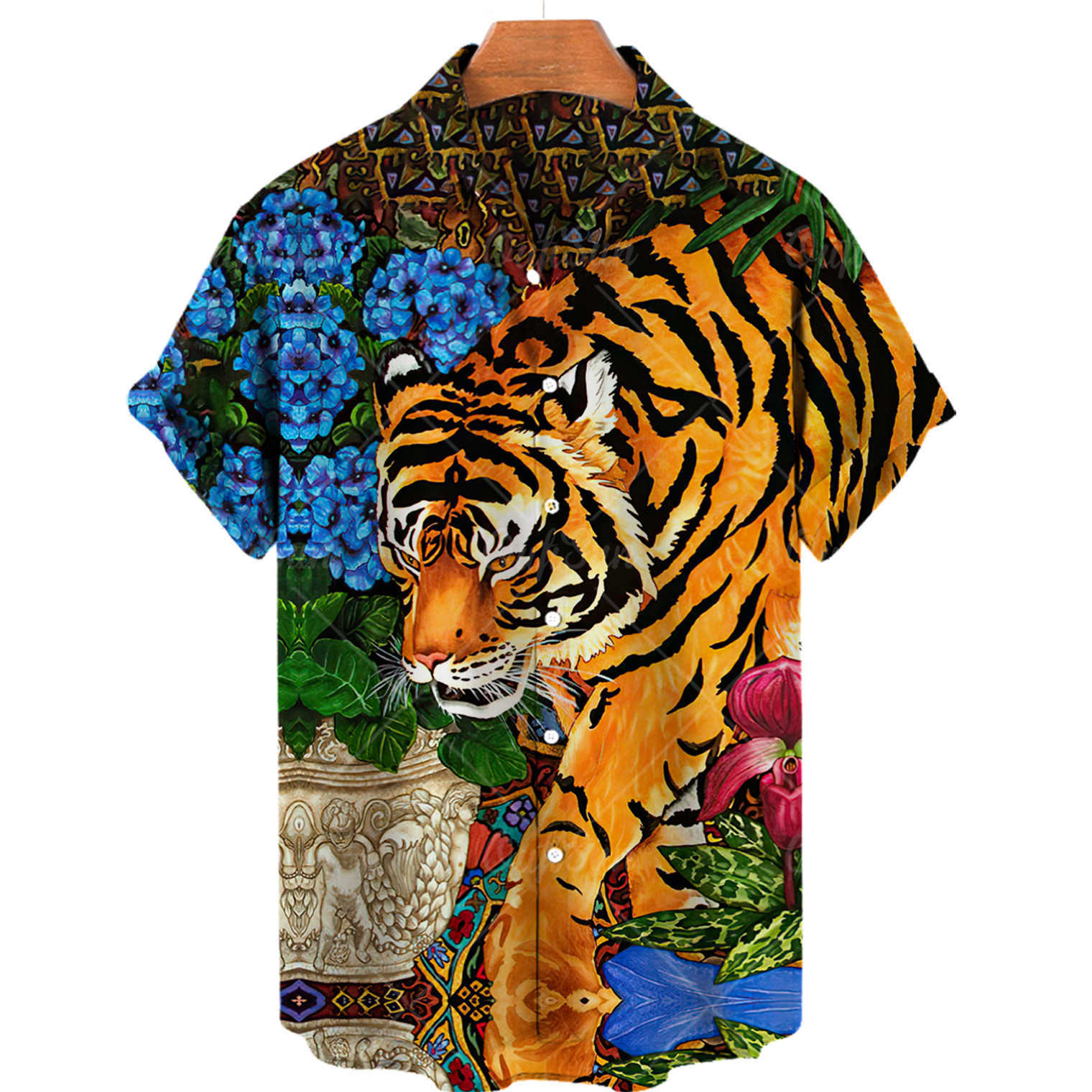 Camisas informales para hombre, camisa hawaiana de manga corta 2022, cárdigan chino con estampado de tigre de Color para hombre, ropa de verano de talla grande W0328