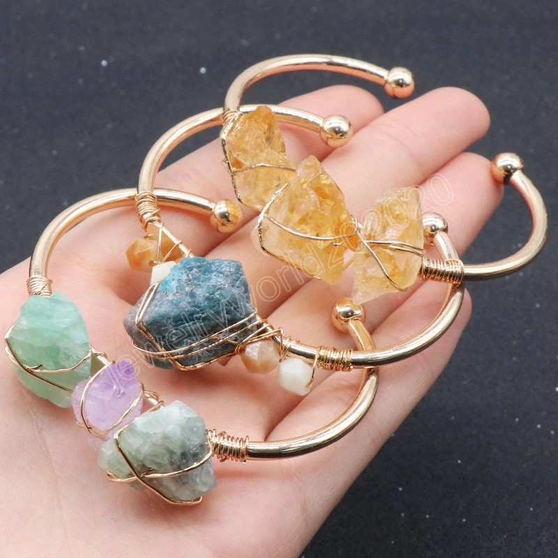 Wire Wrapped Natural Quartz Stone Bracelet for Women Jewelry Ore Rock Fluorite Blue Apatite Citrines Crystal Cuff Open Bangles
