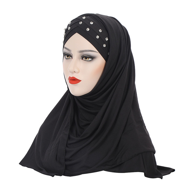 2023 Muslim Beads Cross Hijab Women Turban Pull On Ready Wear Instant Scarf Long One Piece Amira Islam Cap Femme Headwrap Shawl Hats