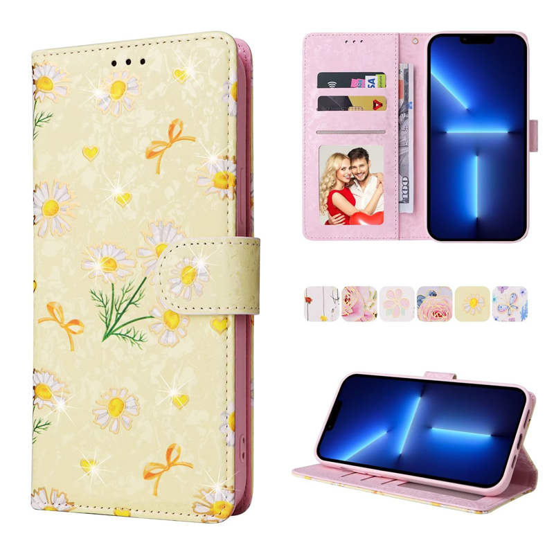 Étuis portefeuille en cuir à imprimé fleur pour Iphone 14 13 12 11Pro Max XS X XR 8 7 Plus Brosse antivol Papillon Rose Séché Floral World Daisy ID Card Slot Holder Pouch