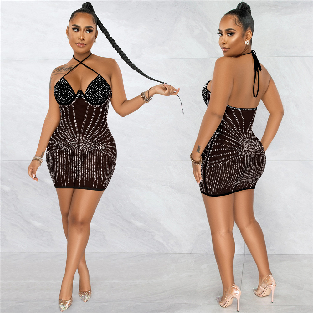 2024 Designer Rinestone Diamantes Sheer Malha Mini Vestido Mulheres Sexy Lace Up Halter Backless Bodycon Night Club Party Vestidos Bulk Atacado Roupas 9601