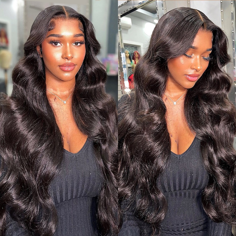 Perruque Lace Frontal Wig Body Wave naturelle noire naturelle, cheveux humains, pre-pucked, 13x4, Transparent, 13x4, pour femmes