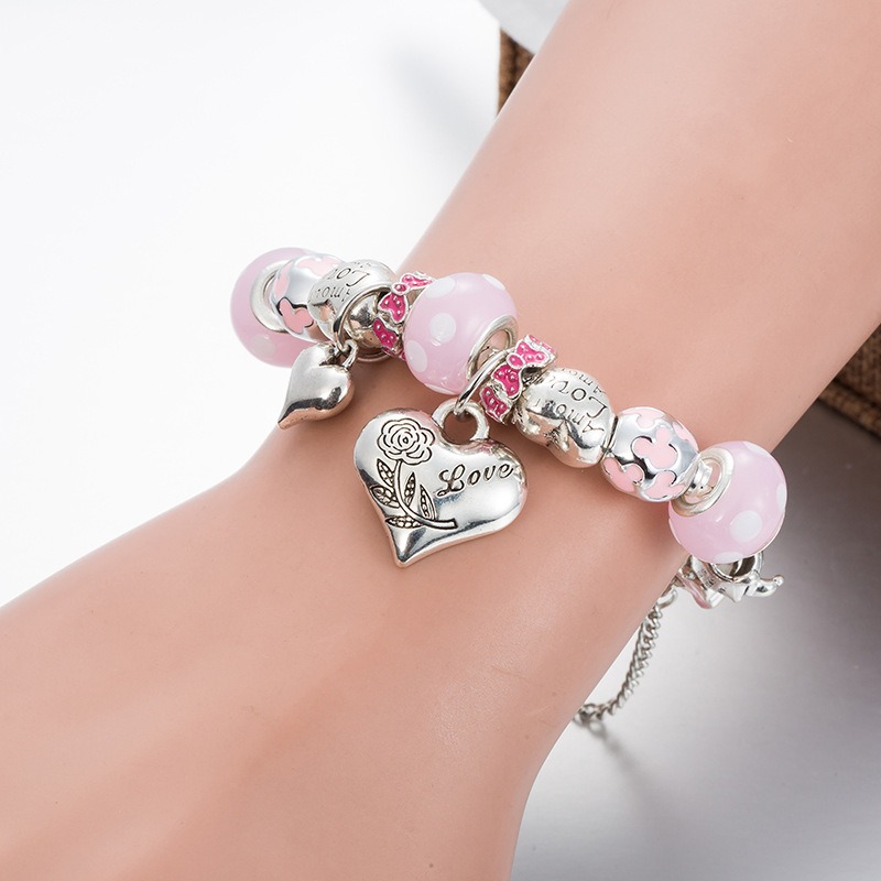 Mode Argent Sterling Murano Murano Verre Rose Fleur Européenne Charme Perles Amour Coeur Balancent Convient Pandora Charme Bracelets Collier