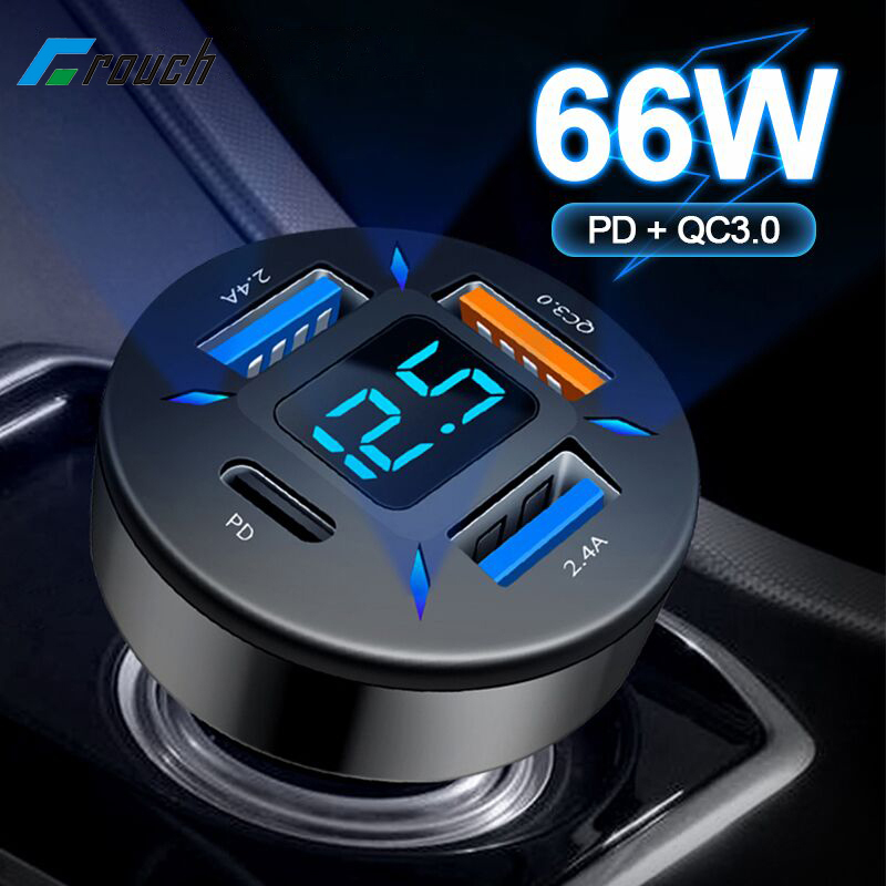 66W 4 In 1 PD Quick Car Charger 4 Ports USB QC3.0 Type C Fast Charging Car Adapter Cigarette Lighter Socket Splitter For Mobile Phone