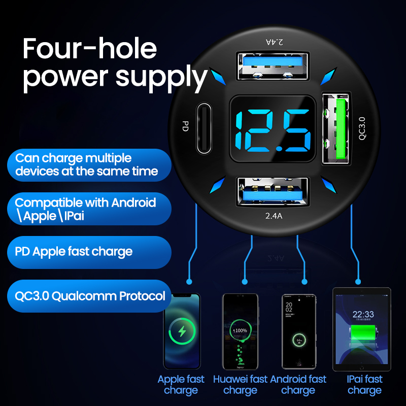 2024 66W LED Araba Şarj Cihazı PD Hızlı Şarj Type-C Type 4 USB Ports Cep Telefonu için Voltmetre Çakma