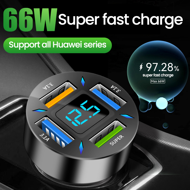 66W 4 In 1 PD Quick Car Charger 4 Ports USB QC3.0 Type C Fast Charging Car Adapter Cigarette Lighter Socket Splitter For Mobile Phone