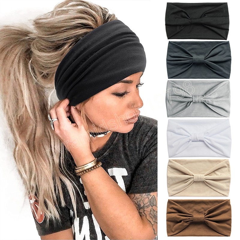 Copricapo turbante vintage Tinta unita Nodo Fasce larghe donna Cotone morbido Sport Fasce elastiche capelli Accessori Yoga Bandana