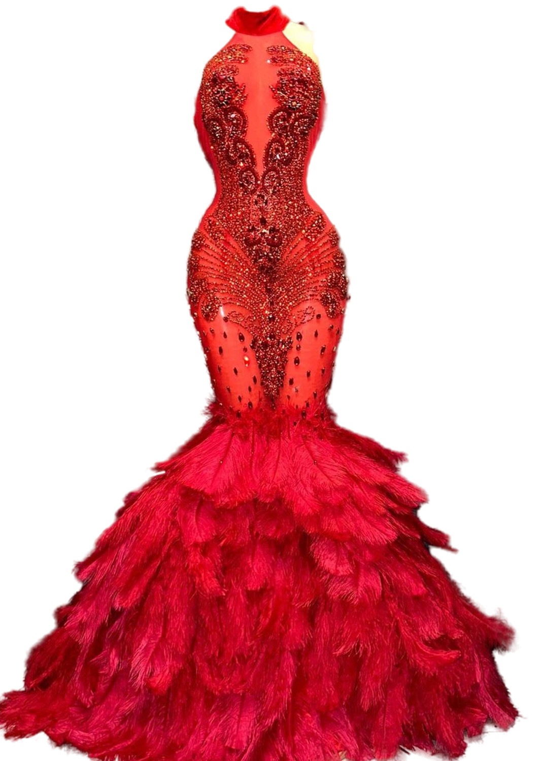 2023 Arabic Aso Ebi Mermaid Red Prom Dress Beaded Crystals Feather Evening Formal Party Second Reception Birthday Engagement Gowns Dresses Robe De Soiree ZJ0343