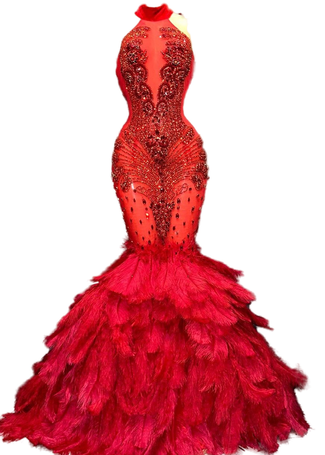 2023 Árabe Aso Ebi Sereia Vestido de baile vermelho Cristais de dívidas Feather Evening Festa formal Party Second Recepção Vestidos de noivado de aniversário Vestidos Robe de Soiree ZJ0343