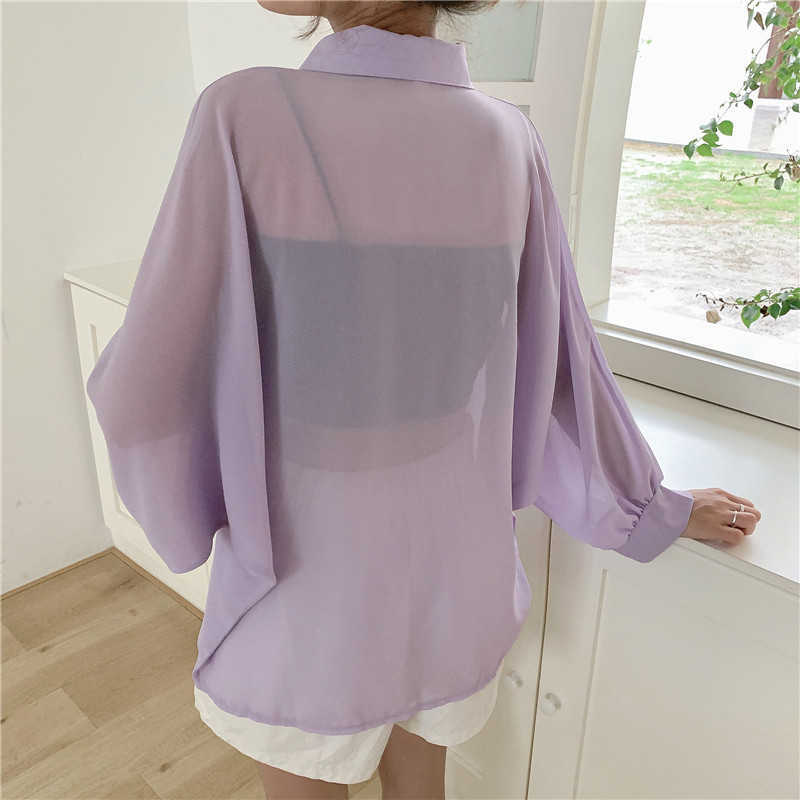 Women's Blouses Shirts 2022 Women Chiffon Blouse Shirt Long Sleeve Spring Summer Lilac Tops Pocket Loose Thin Sunscreen Shirt Bikini Cover Up Beachwear Y2303