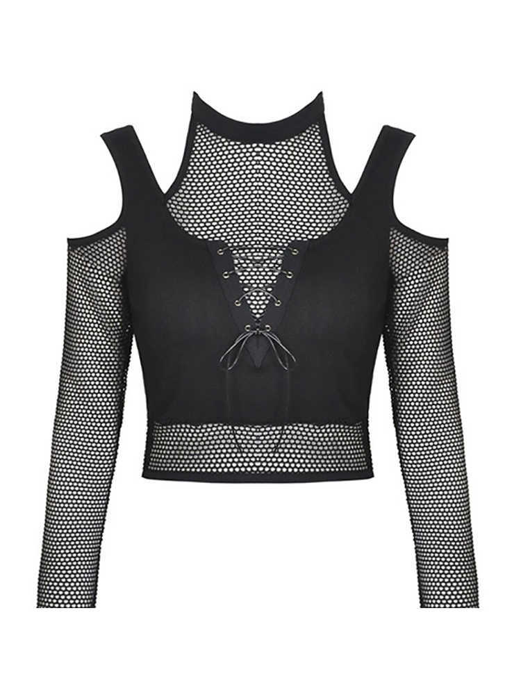 Women's T-Shirt InsDoit Gothic Clothes Mesh Black Women's T-shirts Lace Up Sexy Off Shoulder Crop Top Punk Slim Aesthetic T shirts Alt Clothing P230328