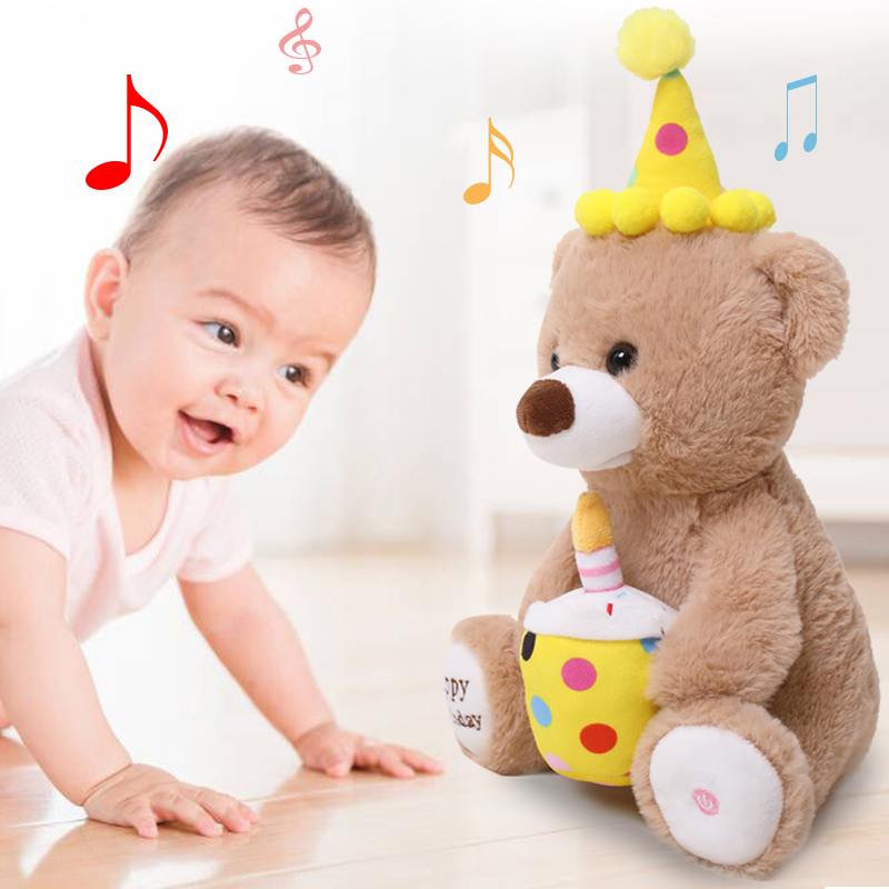 Schattige elektrische zingen gelukkige verjaardag teddybeer pluche speelgoed zingen en uitbarsten kaarsen elektroni hond gevulde pluche speelgoedcadeau voor kinderen