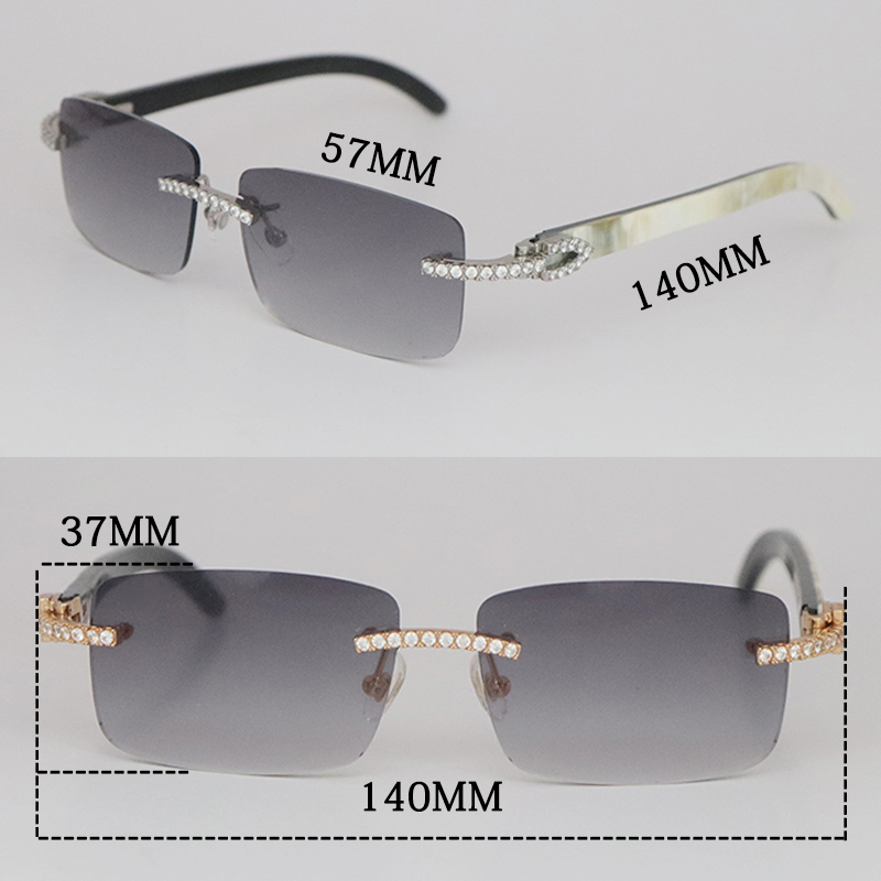 Luxus-Moissanit-Diamant-Set, randlose Sonnenbrille für Damen, 3524012, große Steine, 2,5-Karat-Diamant-Sonnenbrille, original weiße Innenseite, schwarzes Büffelhorn, Herren und Damen