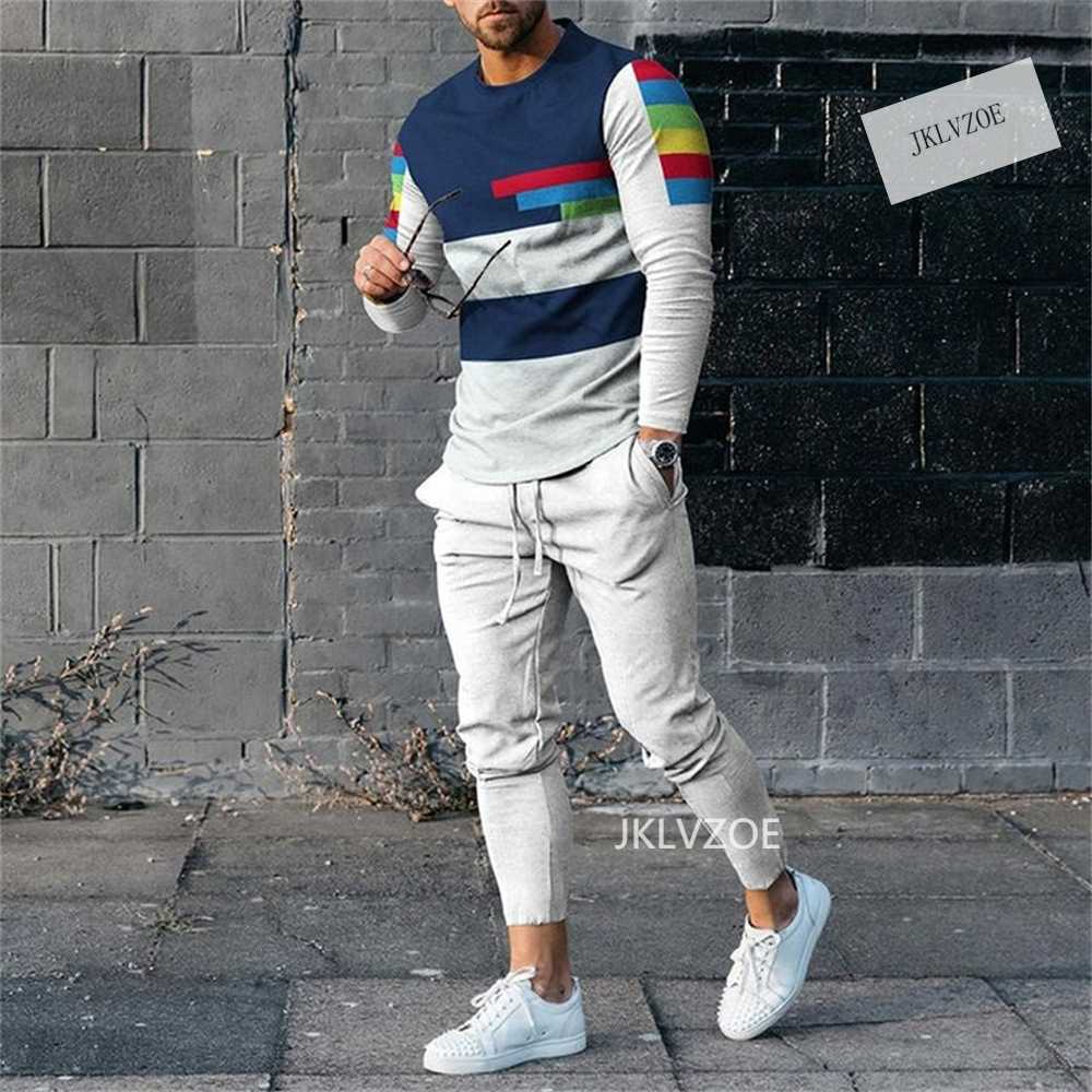 Men's Tracksuits Summer Men's Tracksuits 3d Print Long Sleeve T-shirt Set Streetwear Casual Two Piece Stripe Male Oversized Men Jogging Suit W0329