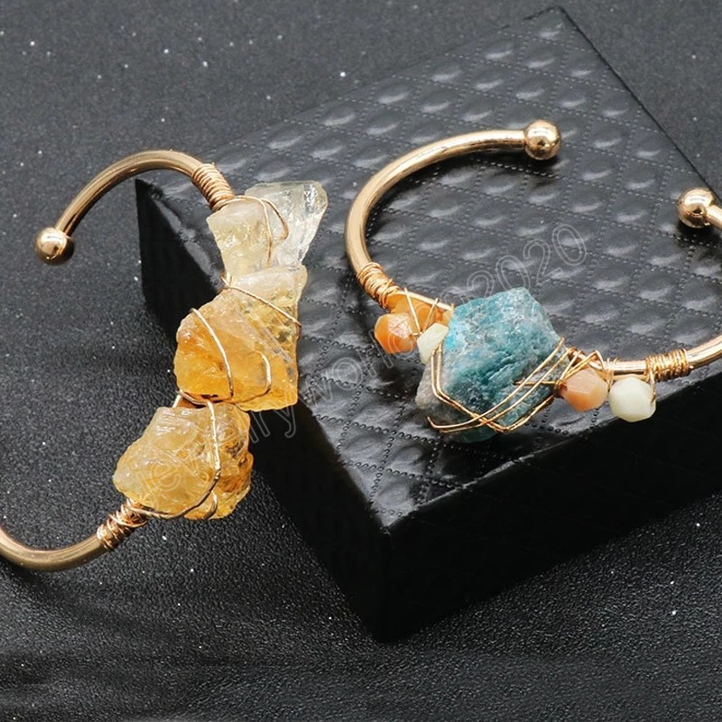 Wire Wrapped Natural Quartz Stone Bracelet for Women Jewelry Ore Rock Fluorite Blue Apatite Citrines Crystal Cuff Open Bangles