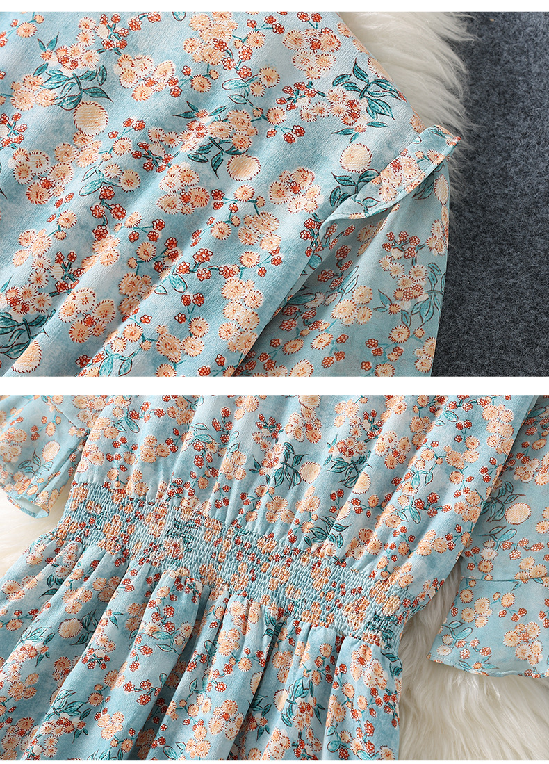 2023 Summer Blue Floral Print Szyfon Szybkie sukienki z krótkim rękawa