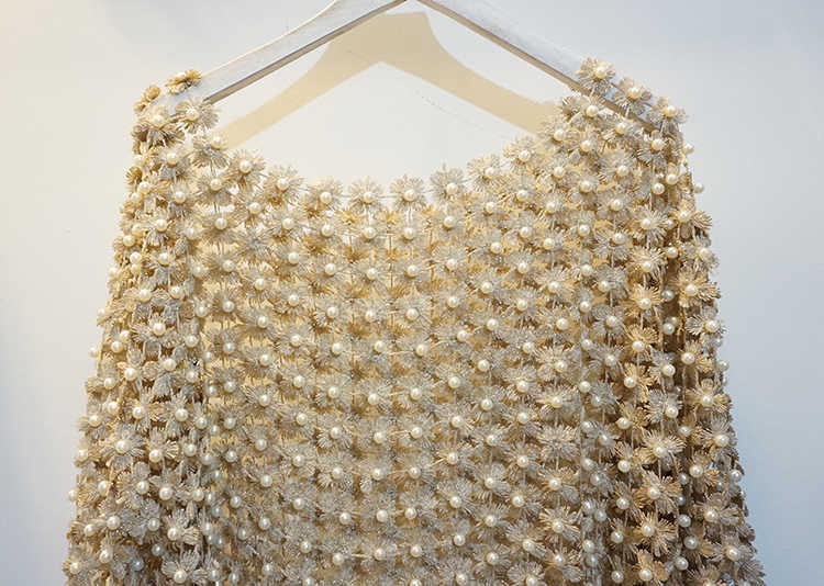 Damska koszulka kobiet luksusowy perłowy wierzchołek z grupy, puste pusta, urocze koszulki eleganckie rękaw Flare Elegancki pullover femme p230328