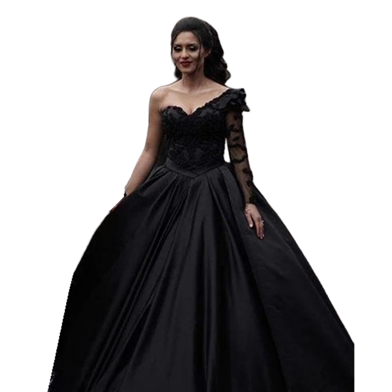 Gotisk svart bollklänning bröllopsklänningar en axel vintage satin brudklänningar spets applikation pärlast långland utomhus vestido de novia 2023