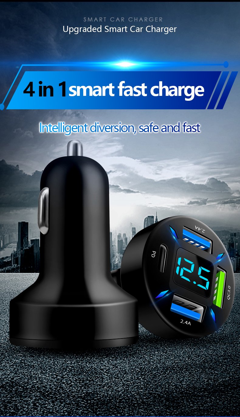 2024 66W 4 In 1 LED Car Charger PD Fast Charging Type-C Voltmeter Cigarette Lighter For Mobile Phone