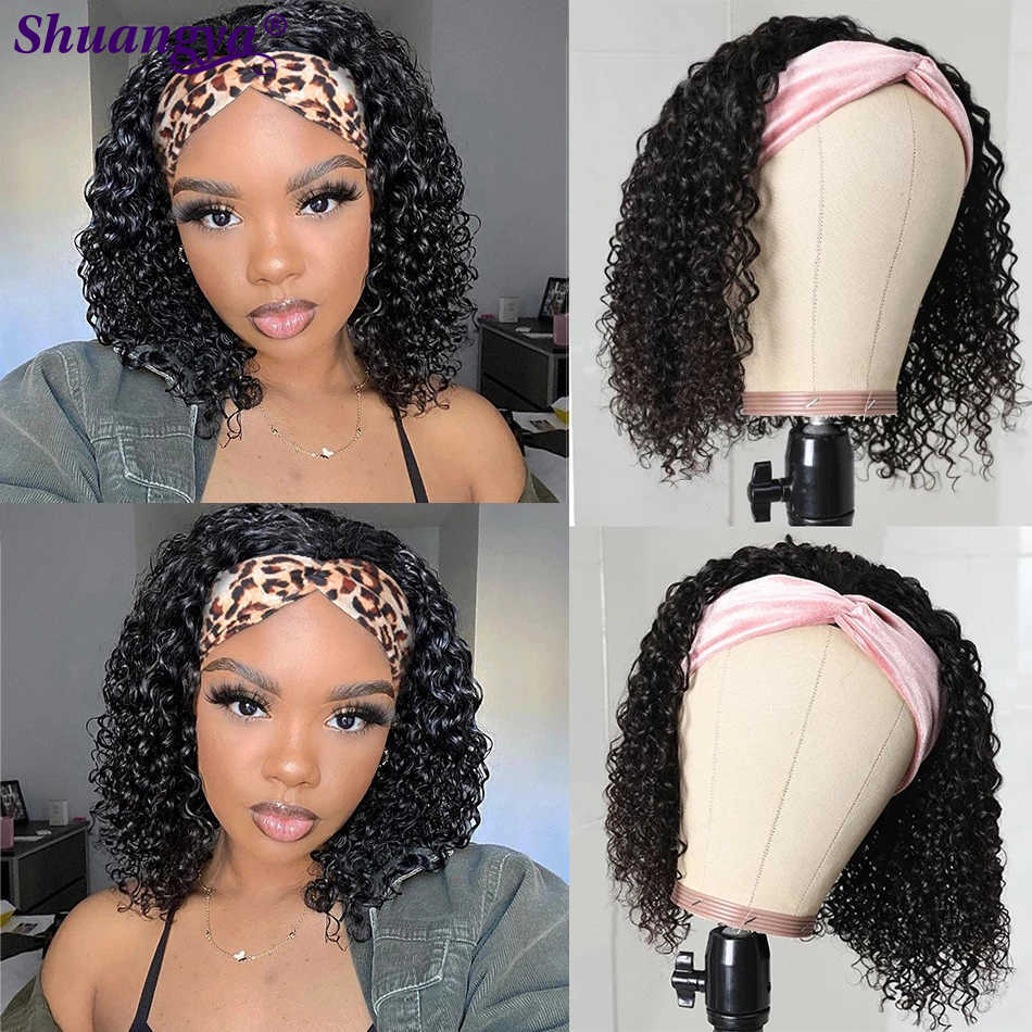 Syntetyczne peruki Kinky Curly Headband Peruka 100% ludzkie włosy krótkie afro 200 gęstość głębokiej fali szalika indyjska woda S 230227