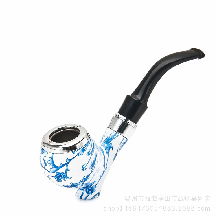 2023 Pipes à fumer 5526 Tuyau de céladon de style chinois peut supporter l'embout en résine bleue et blanche Type de courbure Tuyau en bois de caoutchouc