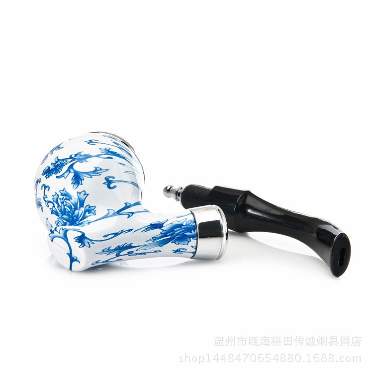 2023 Tubos de fumantes 5526 Celadon de estilo chinês Pipe pode ficar de pé azul e branco Bocalista do tipo Bend Bend Rubber Wood Tipe