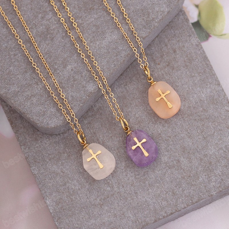 Simple Nature Stone Water Drop Pendant Stainless Steel Cross Clavicle Chain Collars Necklaces For Women Men Jewelry Gifts