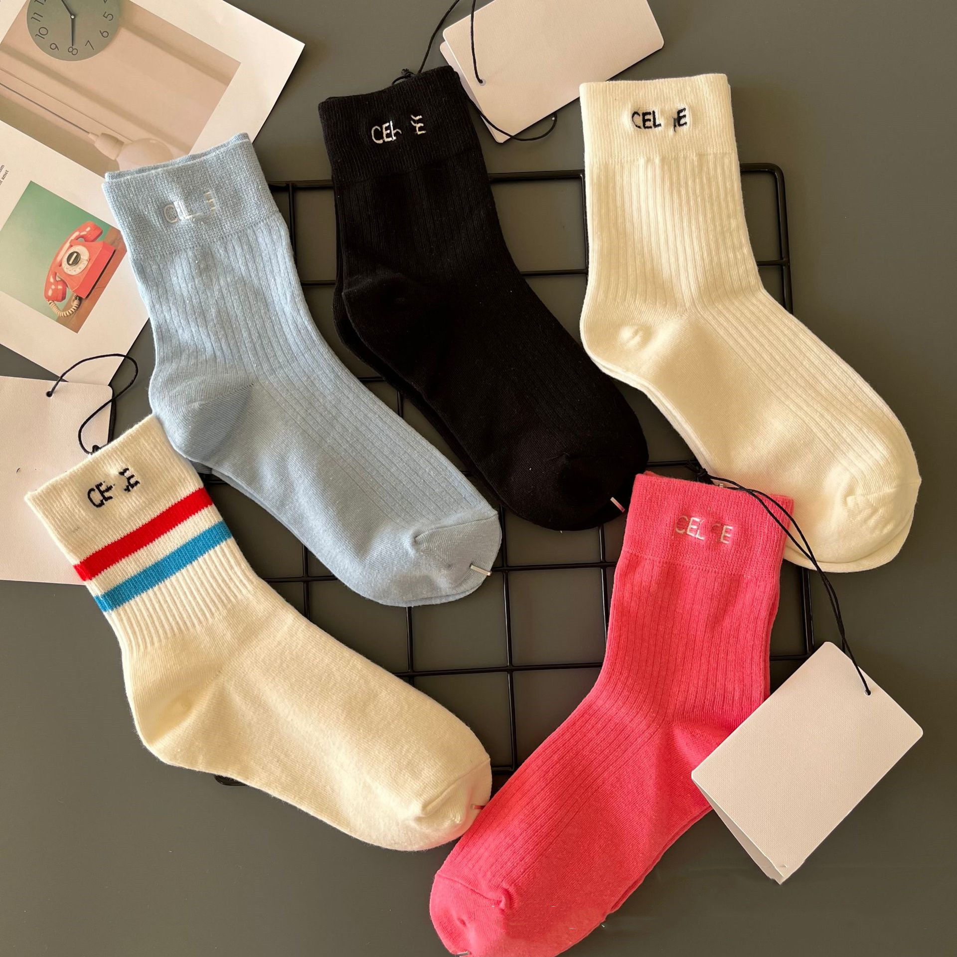 Socks Pure and Candy Color Letters Parallel Bars Embroidered Sock Four Seasons Long Tube Pure Cotton Couple Trendy Socks