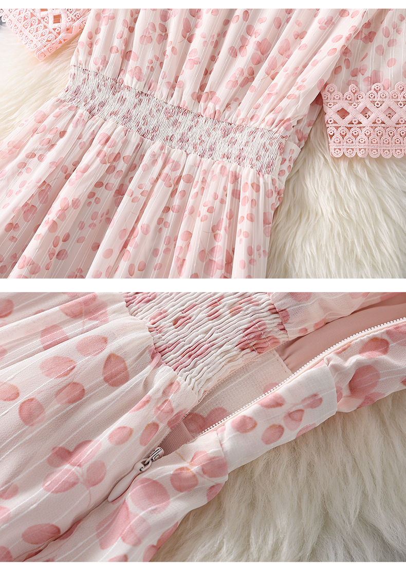 2023 Zomer roze bloemenprint panelen chiffon jurk korte mouw v-neck midi casual jurken m3m25b767