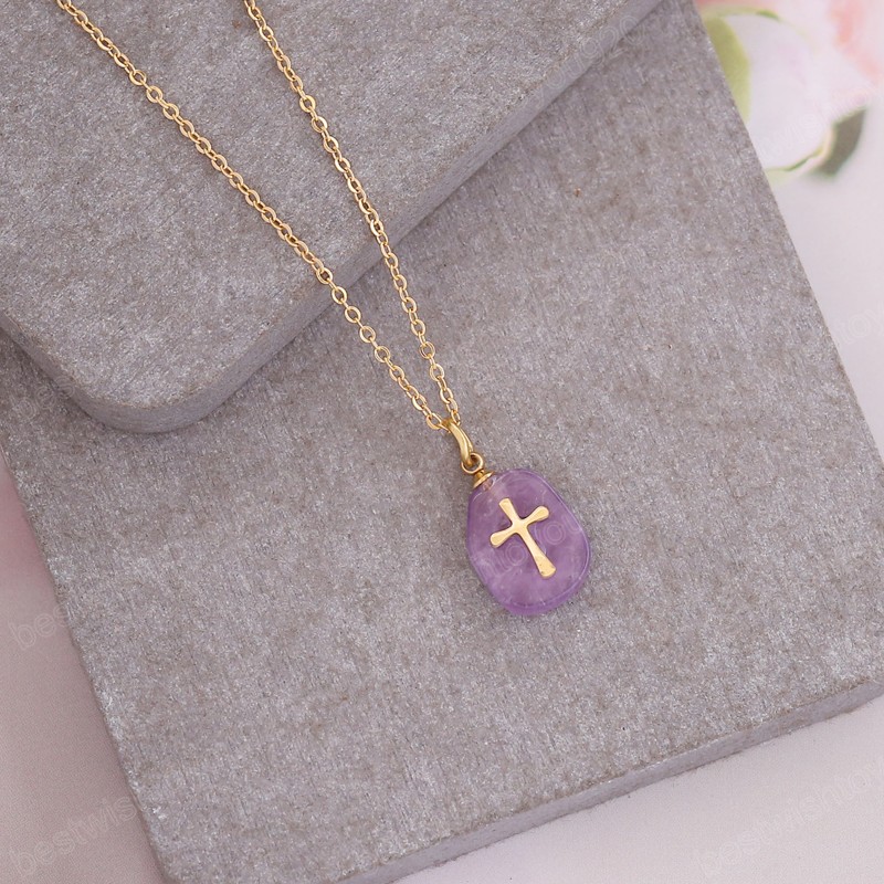 Simple Nature Stone Water Drop Pendant Stainless Steel Cross Clavicle Chain Collars Necklaces For Women Men Jewelry Gifts