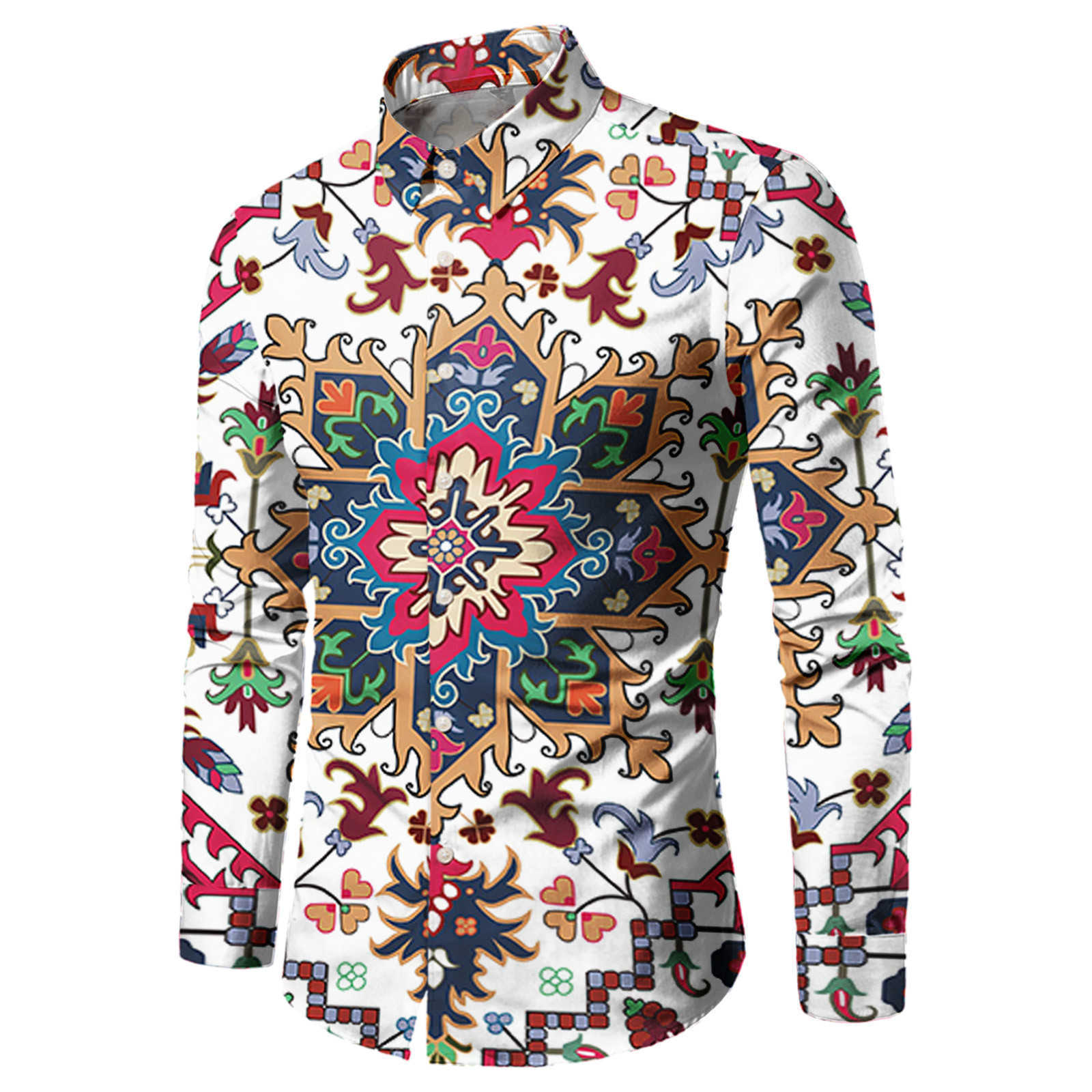 Chemises décontractées pour hommes Chemises hawaïennes Aloha à manches longues pour hommes Chemises hawaïennes ethniques indiennes imprimées tropicales Aloha Chemises aztèques Camisa Hawaiana W0328